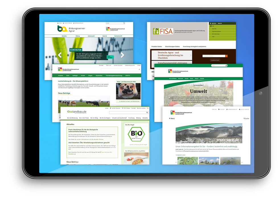 Tabletansicht mit allen Webseiten des BZL