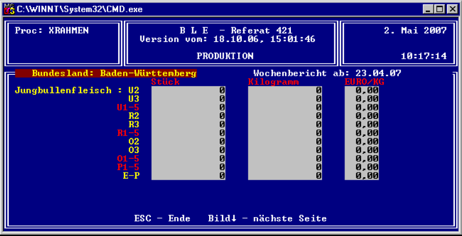 Screenshot eines Computerprogramms aus dem Jahr 2007 mit grauen Tabellen und Daten vor dunkelblauem Hintergrund.