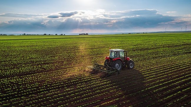 Traktor auf dem Feld beim Pflügen 